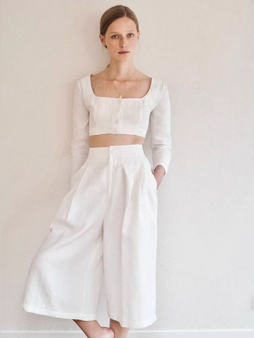 LE KASHA Jazirat Linen Crop Top + Abadano Wide Leg Cropped Pants SET in Cream